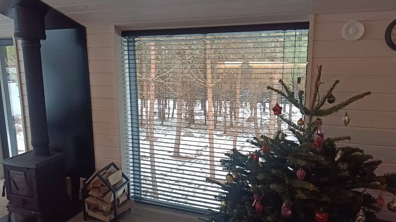 Горизонтальные жалюзи на панорамном окне, дом в сосновом лесу